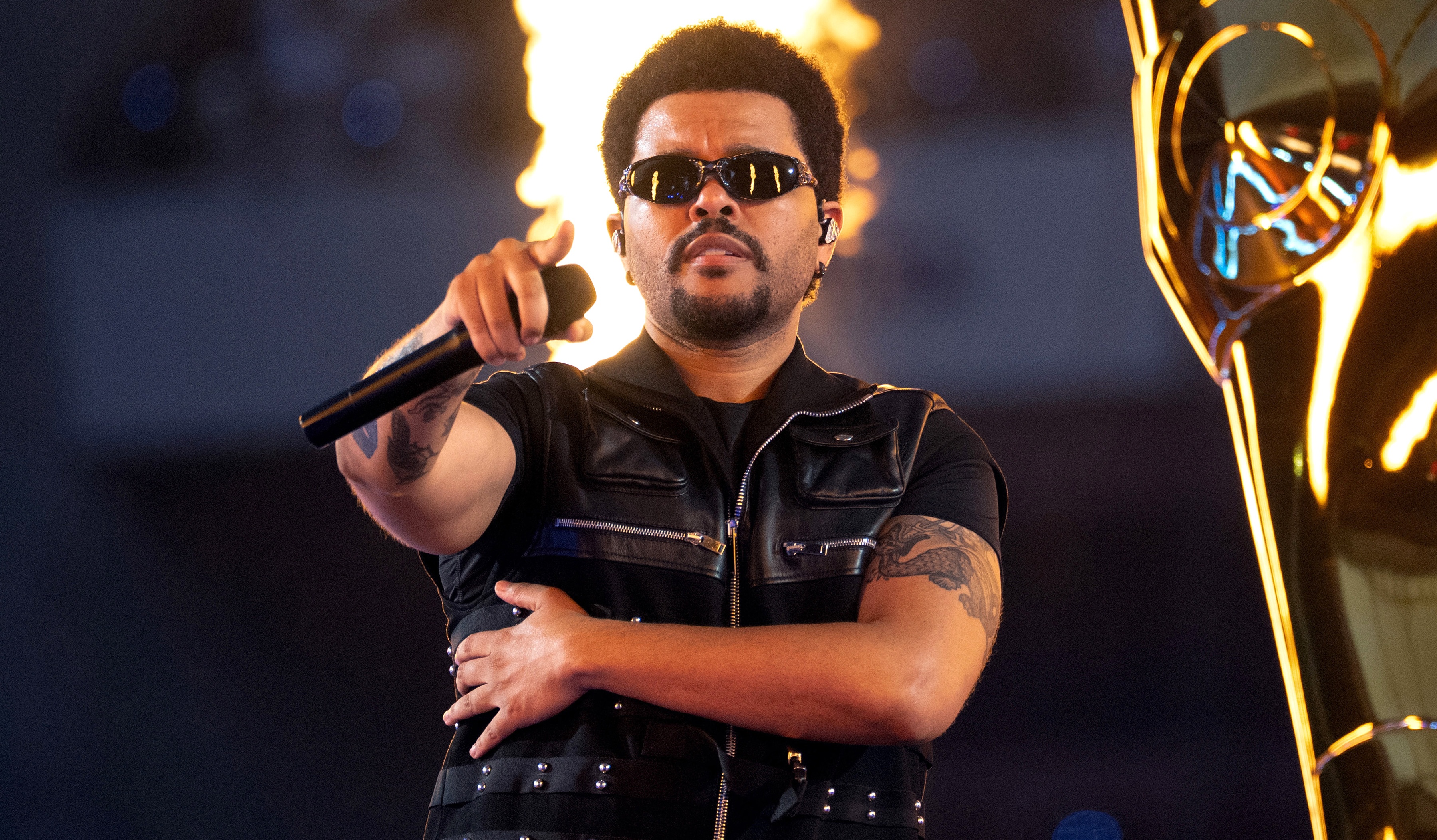 The Weeknd performs on stage at Parken Stadium on June 20, 2026 in Copenhagen, Denmark