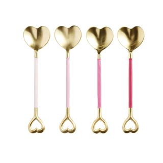 Enameled heart coffee spoons in gold with pink handles