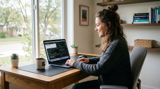 a woman sat at a desk coding an app