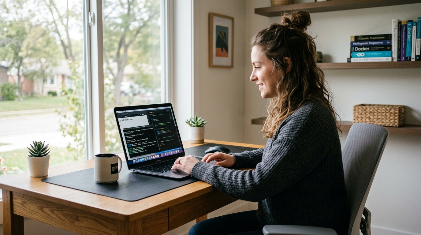 a woman sat at a desk coding an app