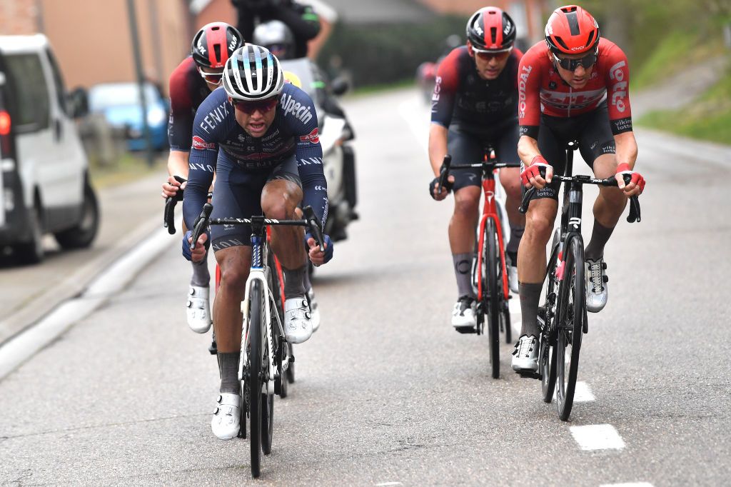 OVERIJSE BELGIUM APRIL 13 LR Robert Stannard of Australia and Team AlpecinFenix and Tim Wellens of Belgium and Team Lotto Soudal compete in the breakaway during the 62nd De Brabantse Pijl La Flche Brabanonne 2022 Mens Elite a 2051km one day race from Leuven to Overijse BP22 on April 13 2022 in Overijse Belgium Photo by Luc ClaessenGetty Images