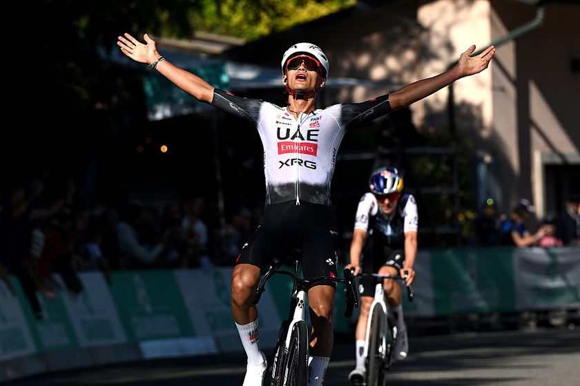 SAN LUCA, ITALY - OCTOBER 04: Isaac Del Toro of Mexico and UAE Team Emirates celebrates at finish line as race winner during the 108th Giro dell&amp;apos;Emilia 2025 a 199.2km one day race from Mirandola to San Luca on October 04, 2025 in San Luca, Italy. (Photo by Dario Belingheri/Getty Images)