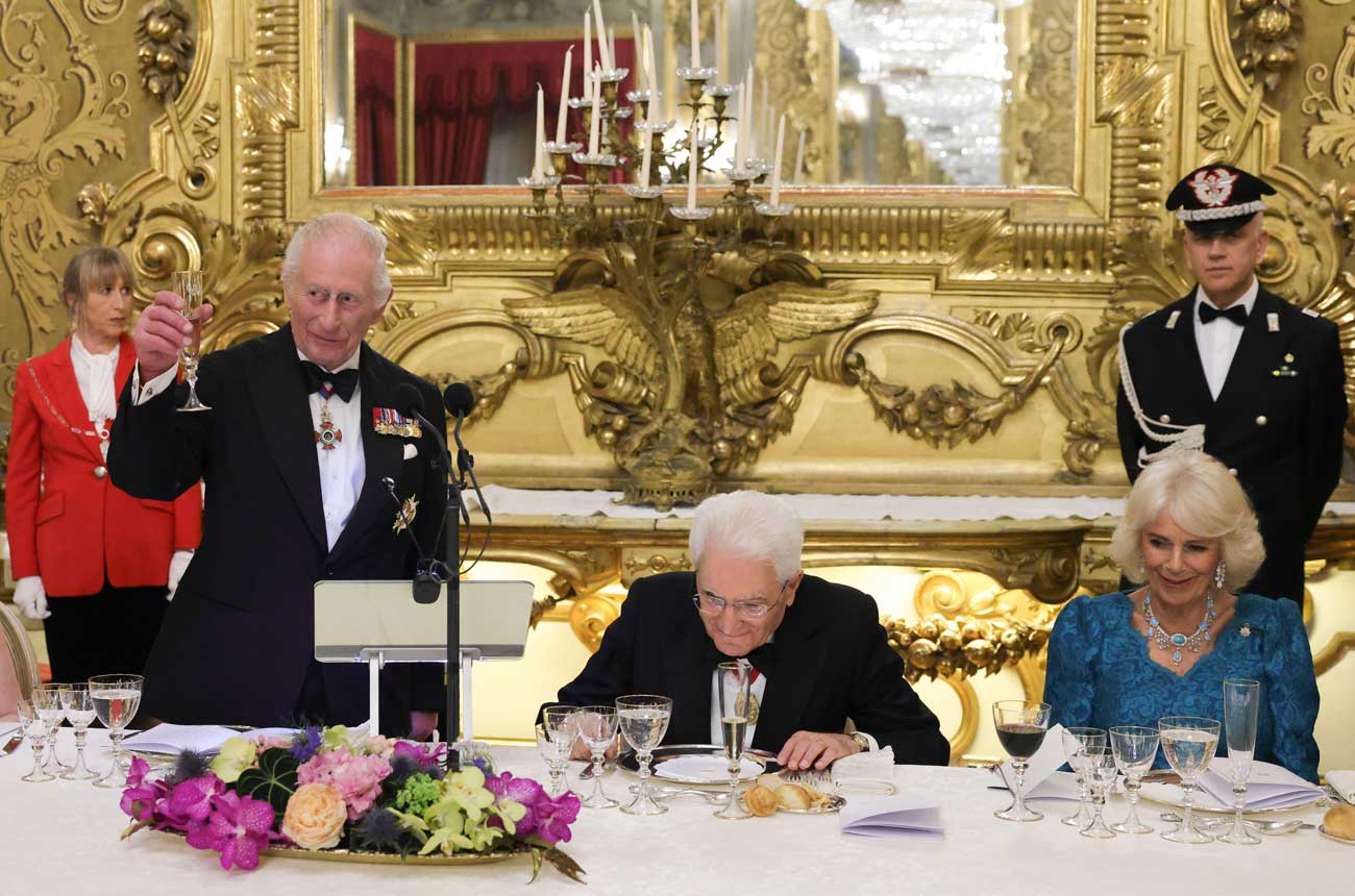King Charles III, Italian President Sergio Mattarella, and Queen Camilla, at the State Banquet at the Palazzo Quirinale in Rome