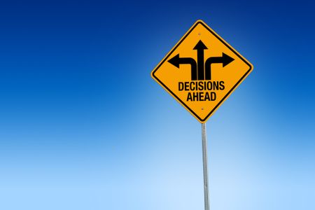 "Descisions Ahead" road sign in warning yellow with blue background, - Illustration