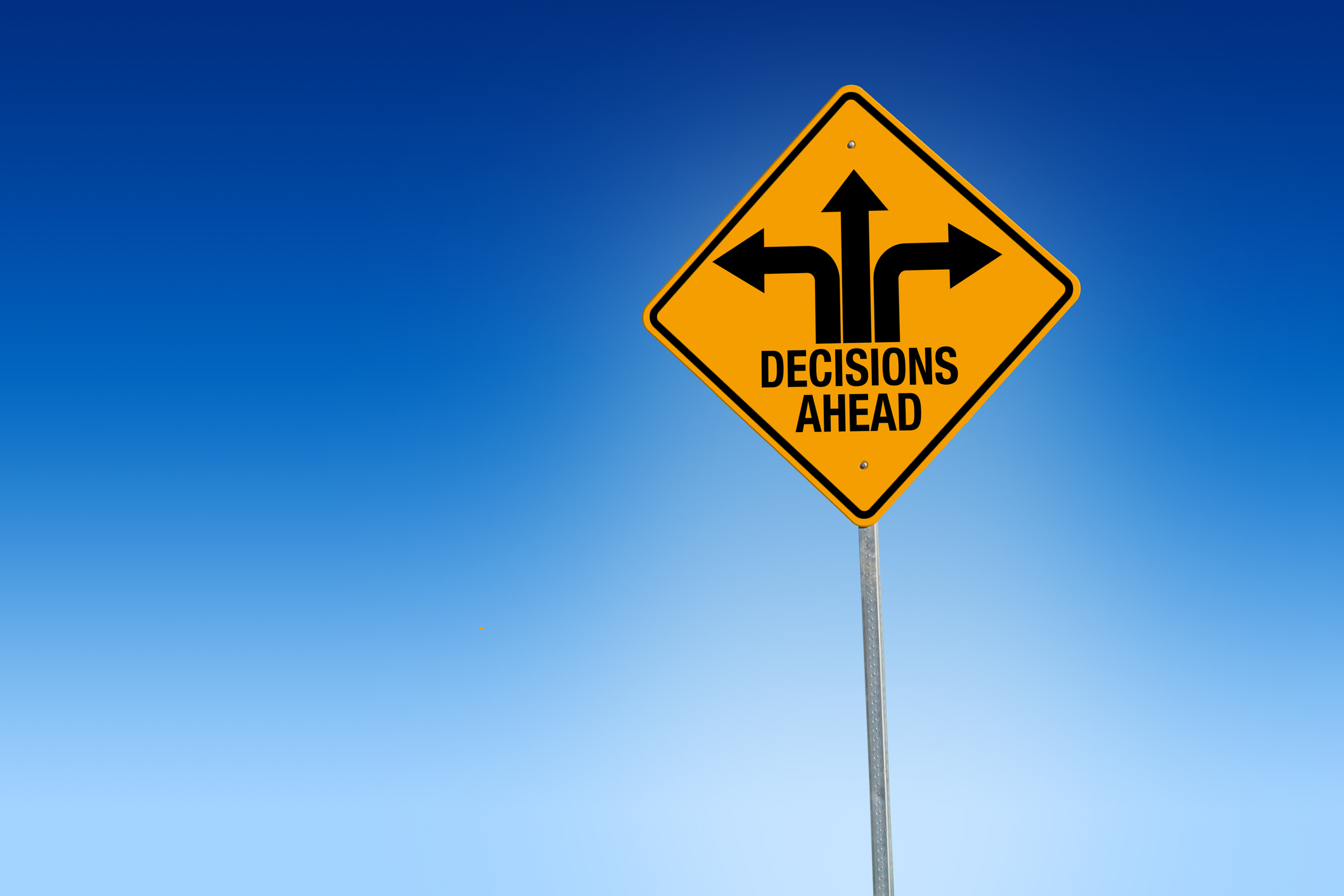 "Descisions Ahead" road sign in warning yellow with blue background, - Illustration