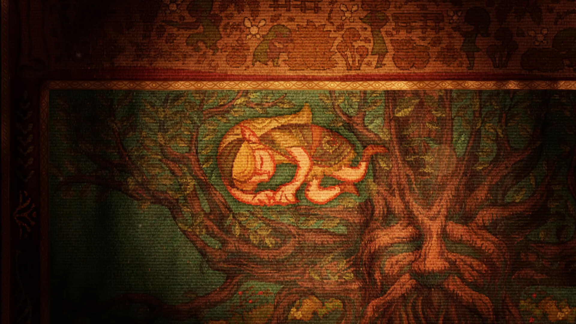 The Legend of Zelda: Ocarina of Time reveal showing Link sleeping in the branches of a tree on a tapestry