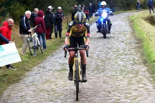 ROUBAIX FRANCE OCTOBER 02 Marianne Vos of Netherlands and Jumbo Visma Team chasing the breakaway during the 1st ParisRoubaix 2021 Womens Elite a 1164km race from Denain to Roubaix ParisRoubaixFemmes ParisRoubaix on October 02 2021 in Roubaix France Photo by Etienne Garnier PoolGetty Images