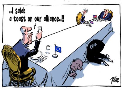 Political Cartoon World Alliance toast US Europe EU China