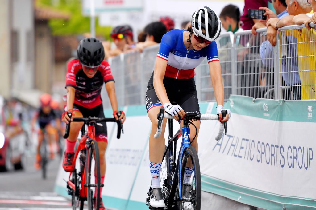 PUEGNAGO DEL GARDA ITALY JULY 08 Evita Muzic of France and Team FDJ Nouvelle Aquitaine Futuroscope at arrival during the 32nd Giro dItalia Internazionale Femminile 2021 Stage 7 a 1096km stage from Soprazocco di Gavardo to Puegnago Del Garda 219m GiroDonne UCIWWT on July 08 2021 in Puegnago del Garda Italy Photo by Luc ClaessenGetty Images