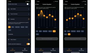 Cambridge Audio Melomania M100 app showing preset and custom EQ setings