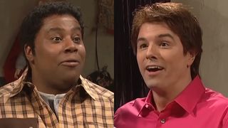 Kenan Thompson and Seth MacFarlane are shown in side-by-side images from a sketch on Saturday Night Live.