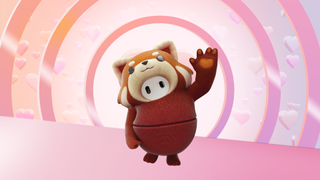 A jelly bean person from Fall Guys: Ultimate Knockout dressed up as a red panda.