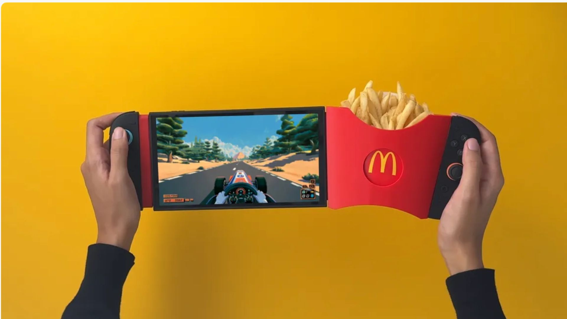 an image of athe GamiFries Nintendo Switch 2 controller which has been adapted to hold a carton of french fries
