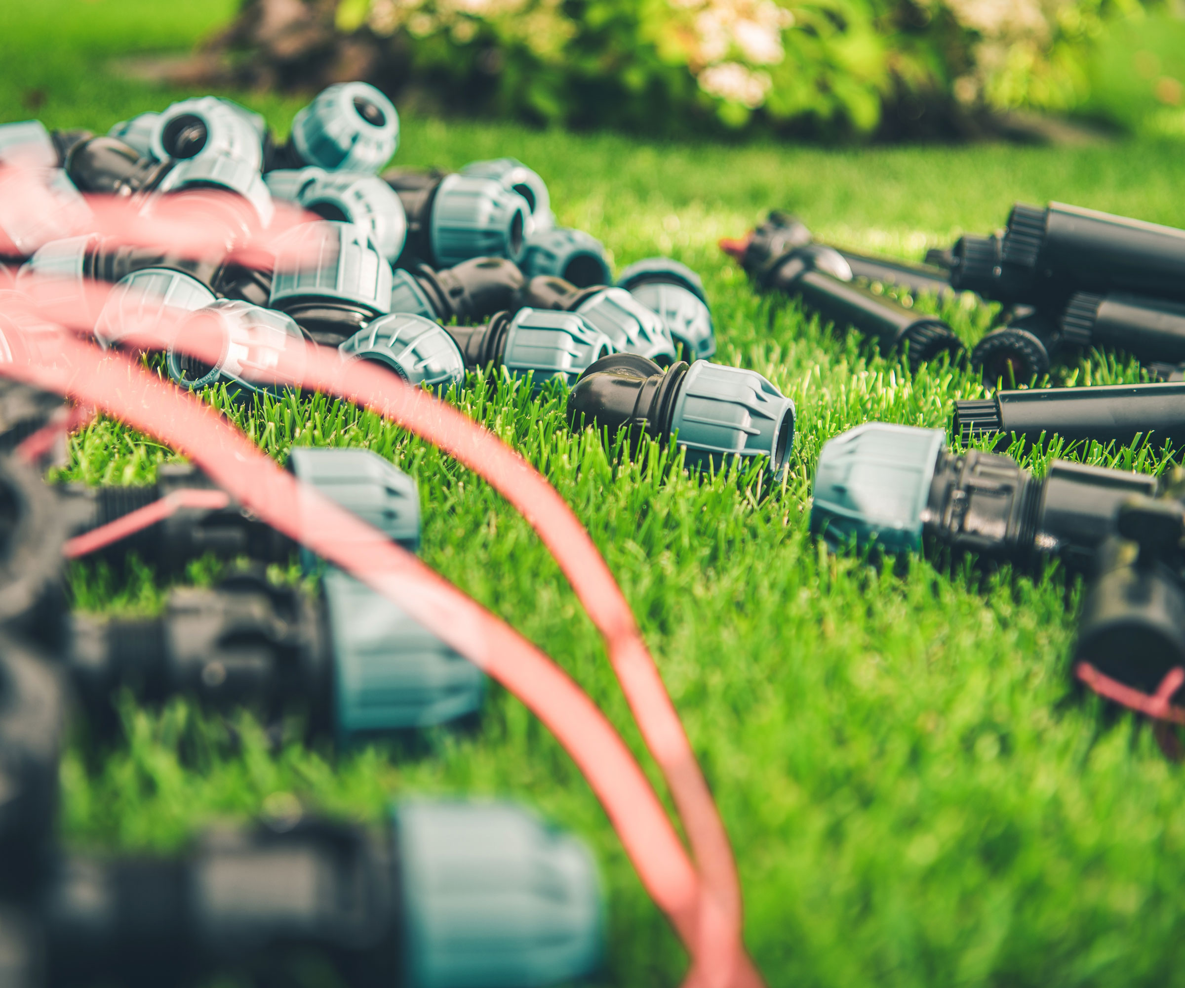 checking lawn irrigation system on grass