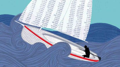 boat sailing in rough waters with stock prices on sail