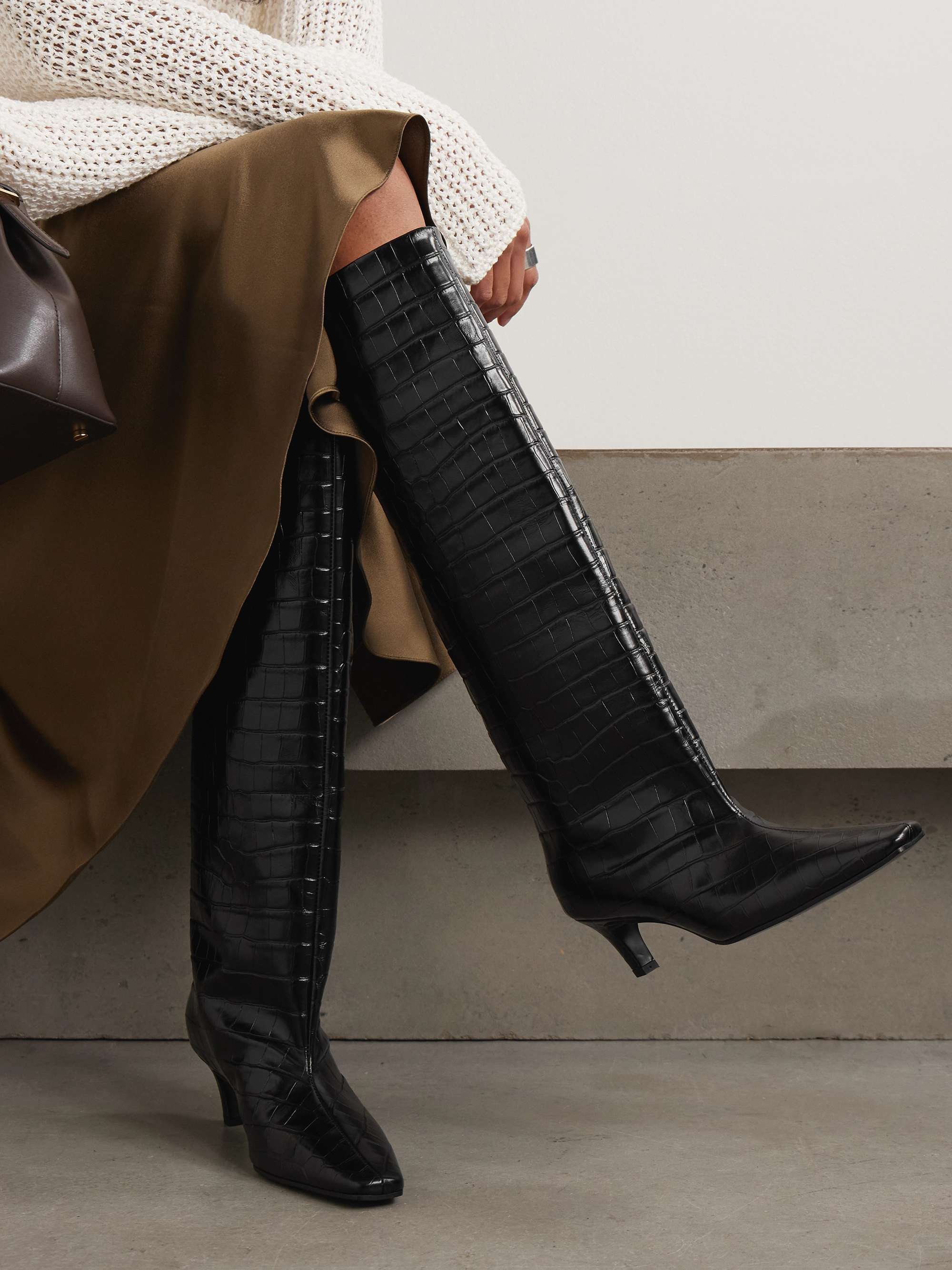 Croc-Effect Leather Knee Boots