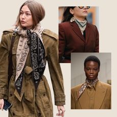 Gigi Hadid wearing a bandana scarf; models on the Fall 2026 runways of Zankov and Carven wearing bandanas; a street styler wearing a bandana 