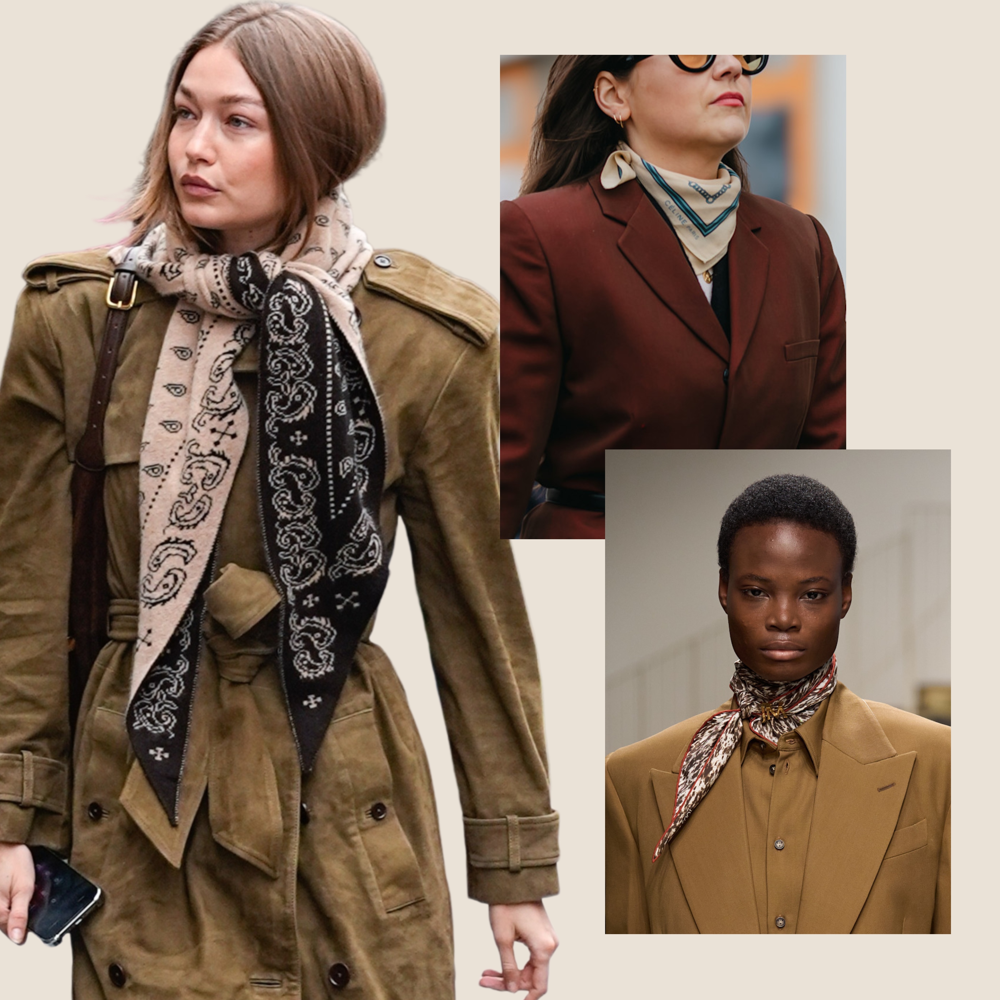 Gigi Hadid wearing a bandana scarf; models on the Fall 2026 runways of Zankov and Carven wearing bandanas; a street styler wearing a bandana 