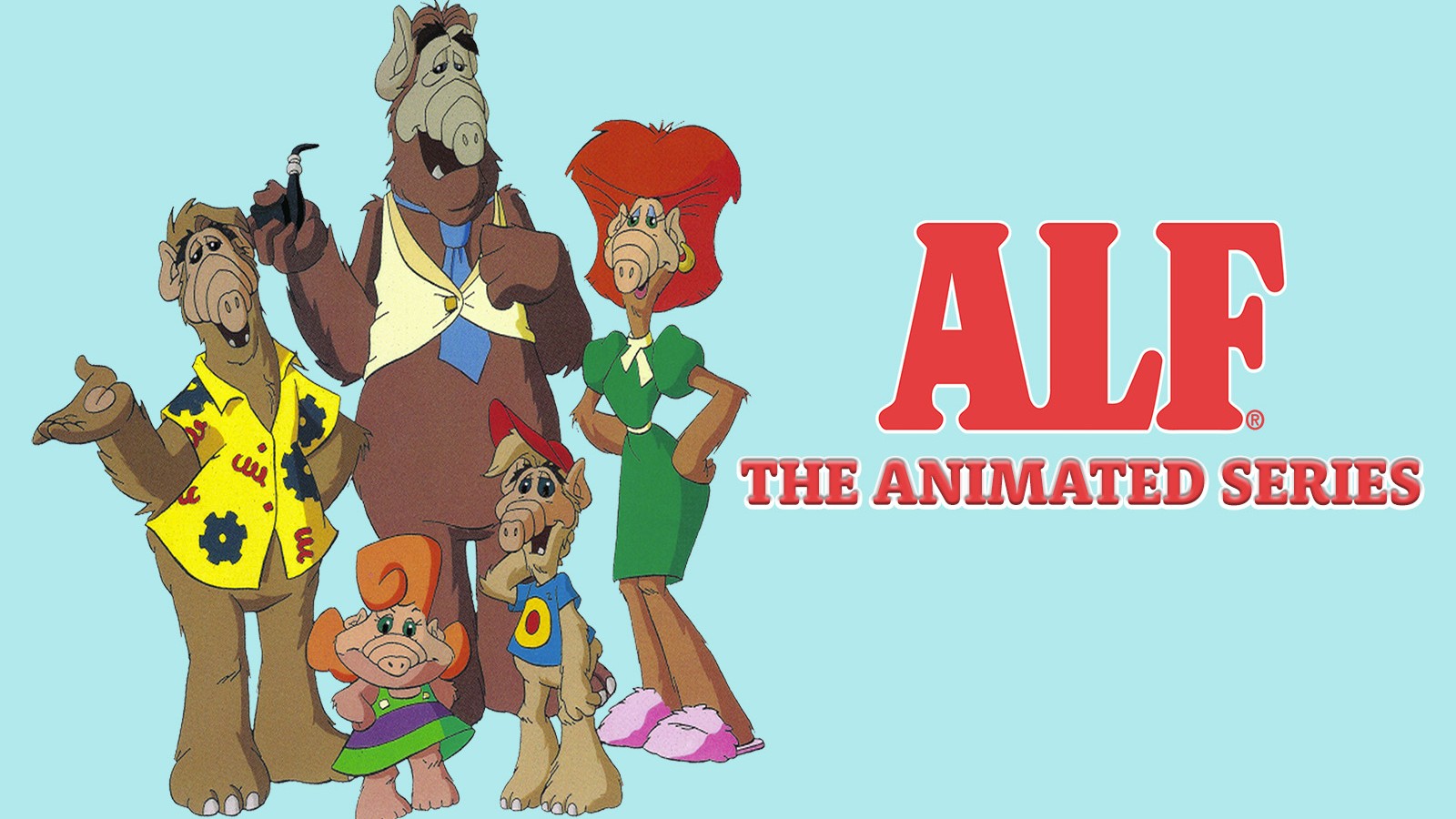 Title card for ALF: The Animated Series. A family of five croissant-nosed, furry aliens are standing on a light blue background.