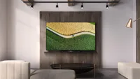 LG BX OLED TV in spacious apartment, with road weaving between green/yellow fields on screen