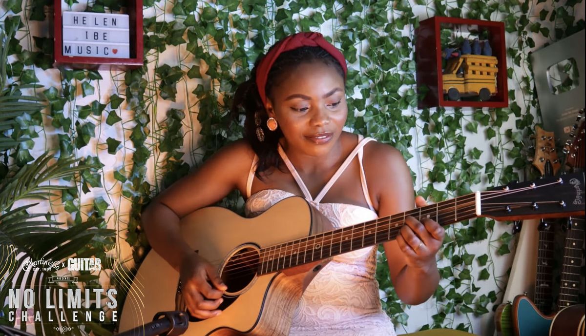 Helen Ibe plays an offset Martin SC acoustic guitar