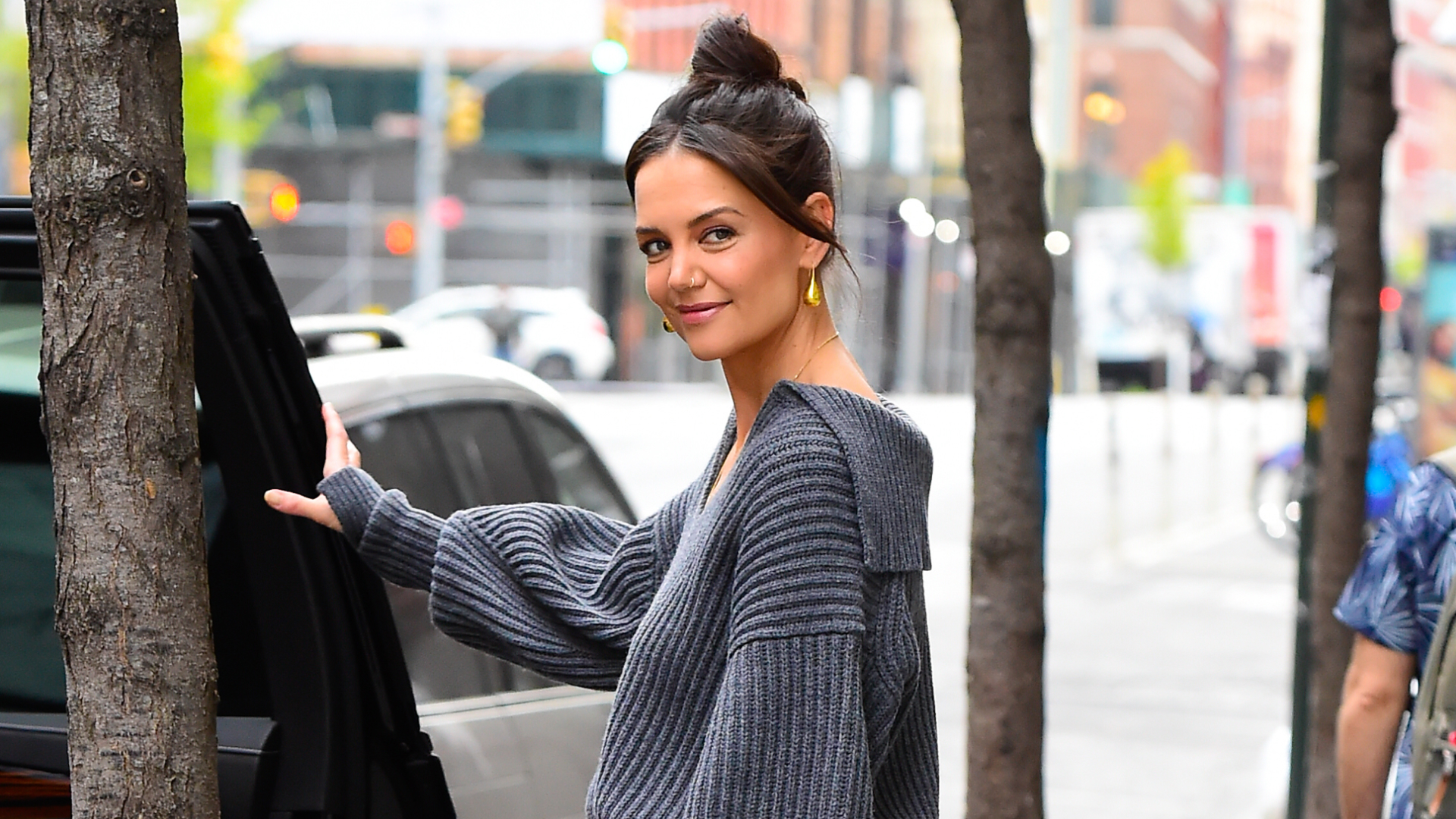 Katie Holmes' Rainbow Sweater Is a Guaranteed Mood-Booster