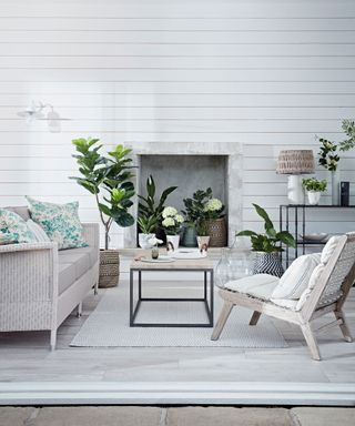 White living room ideas with Scandi interior featuring pot plants and pale wood minimalist furniture.