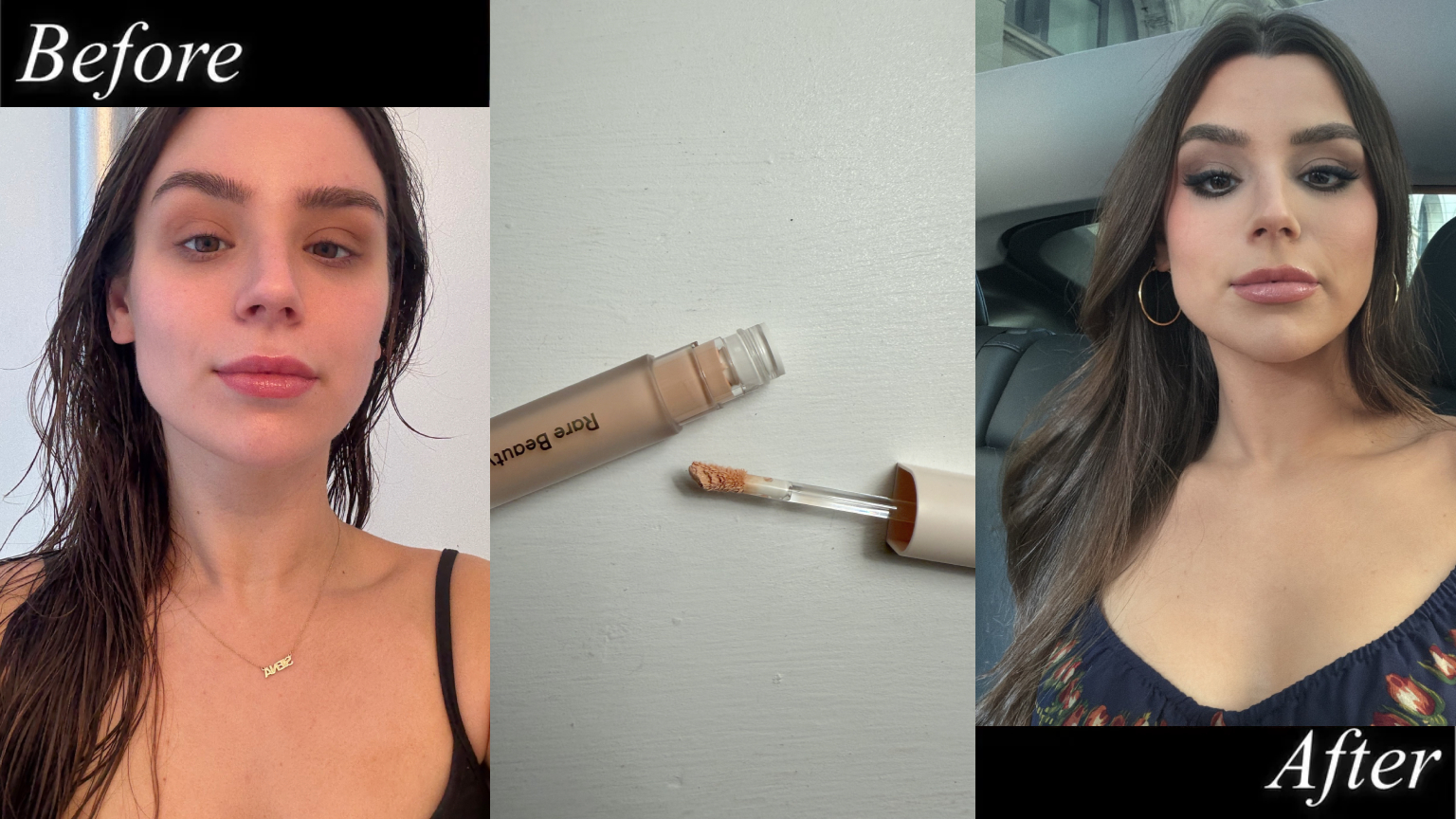 A girl with wet hair without makeup, the Rare Beauty eyeshadow primer on a white surface open, and the same girl with curled hair, a blue dress, and a full smokey eye