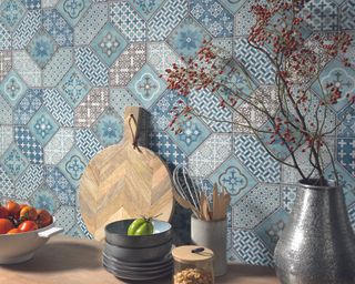 Blue tile effect kitchen wallpaper from I want wallpaper