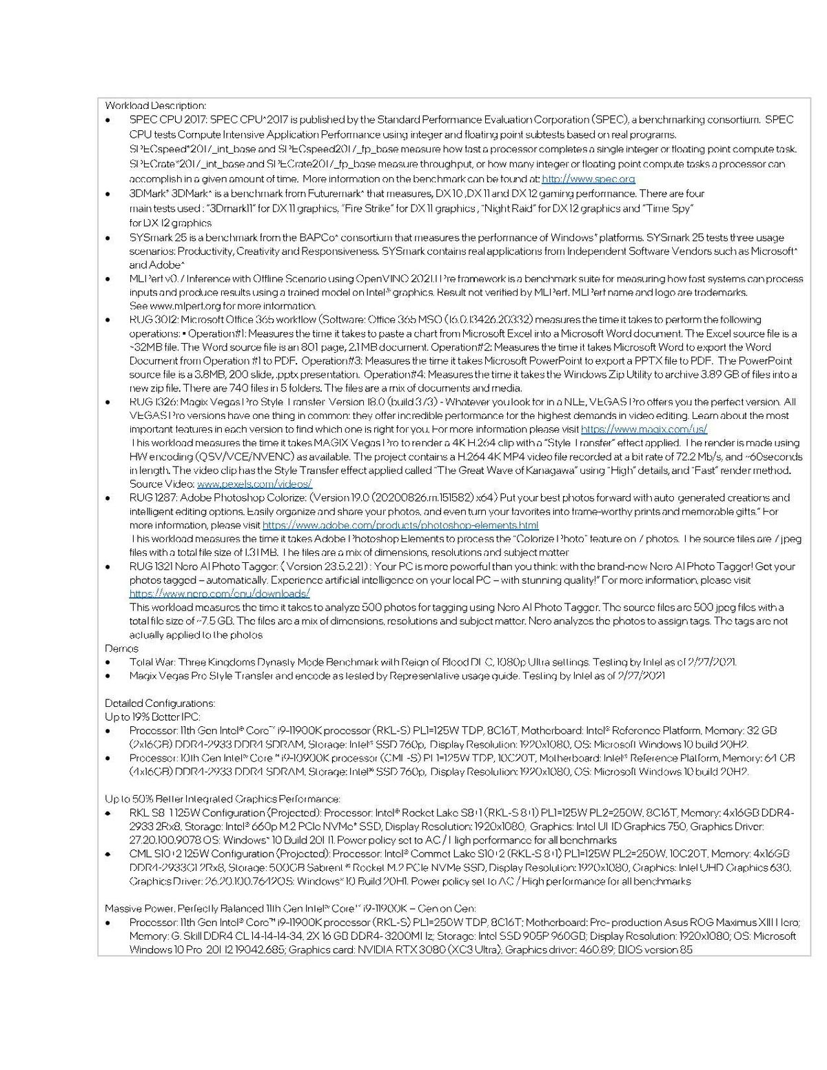 Intel Rocket Lake Benchmark Footnotes
