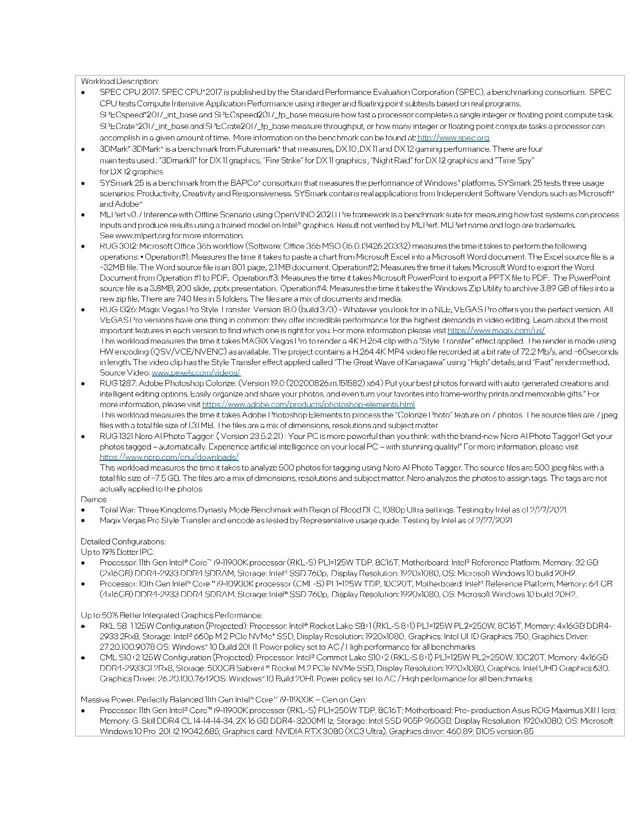 Intel Rocket Lake Benchmark Footnotes