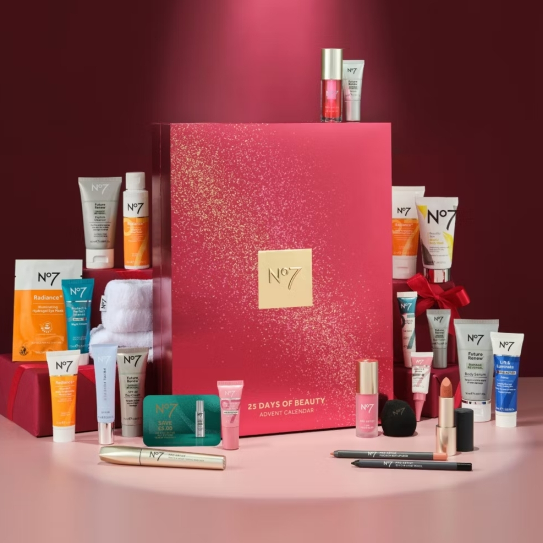 No7 25 Days of Beauty Advent Calendar with its contents in front of it