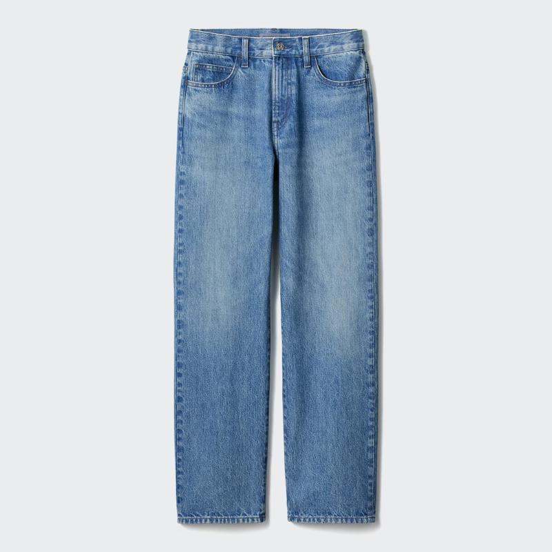 A pair of blue straight leg jeans