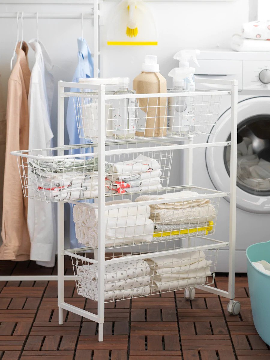 small utility room ideas - washing machine, wire baskets, laundry products - IKEA