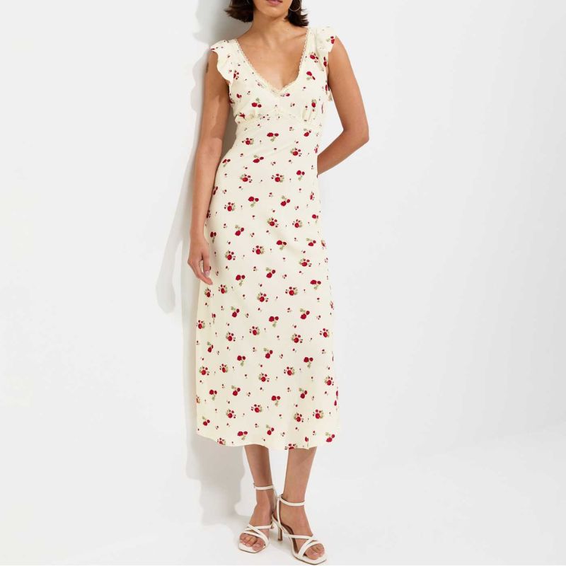 Cream Rose Print Lace Trim Tea Midi Dress on model