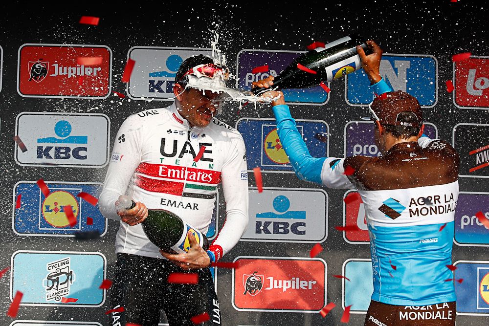 Alexander Kristoff and Oliver Naeson on the Gent-Wevelgem podium