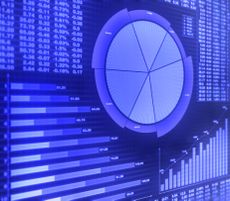 purplish-blue screen featuring bar graphs, pie chart and financial figures