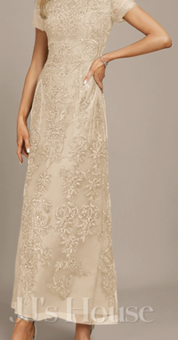 Boat Neck Ankle-Length Lace Evening Dress With Sequins in Champagne, $189 (£148) | JJ's House