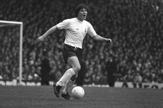 Steve Perryman in action for Tottenham against Arsenal in April 1977.