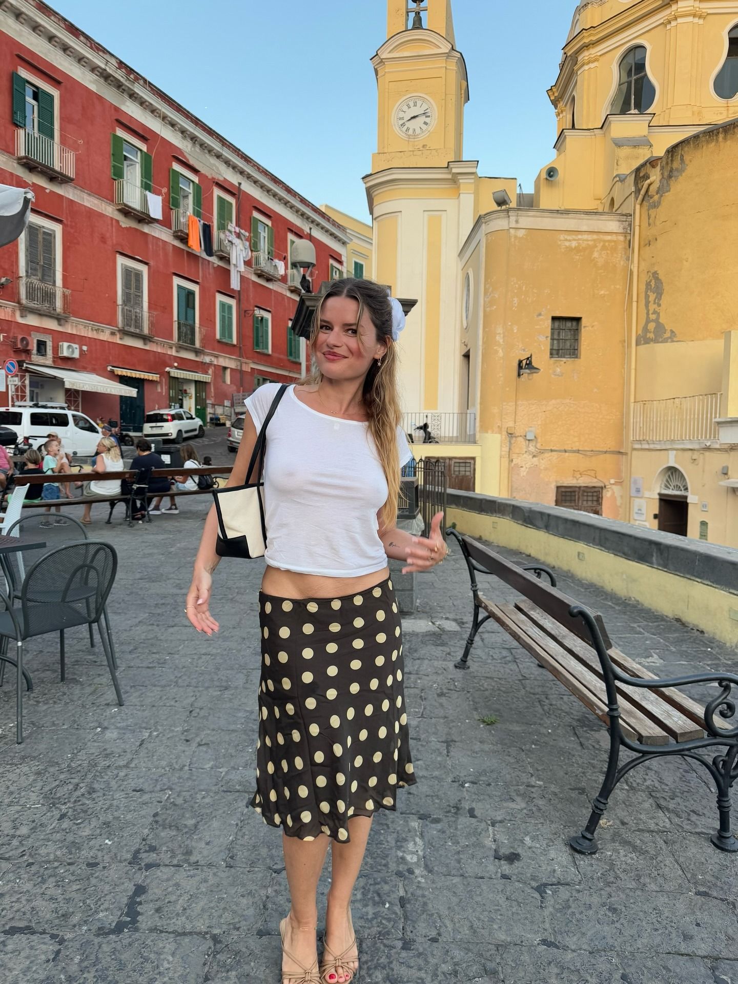 French influencer wearing With Jean brown polka dot Penny Skirt