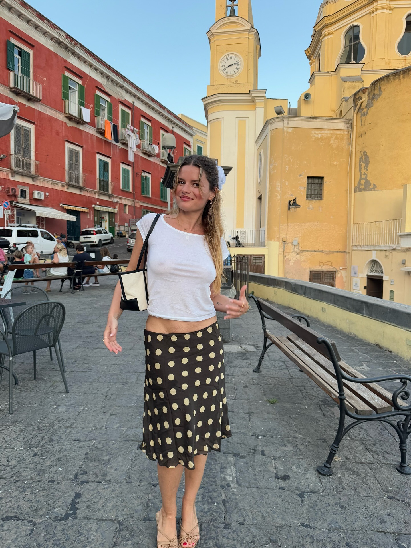 French influencer wearing With Jean brown polka dot Penny Skirt