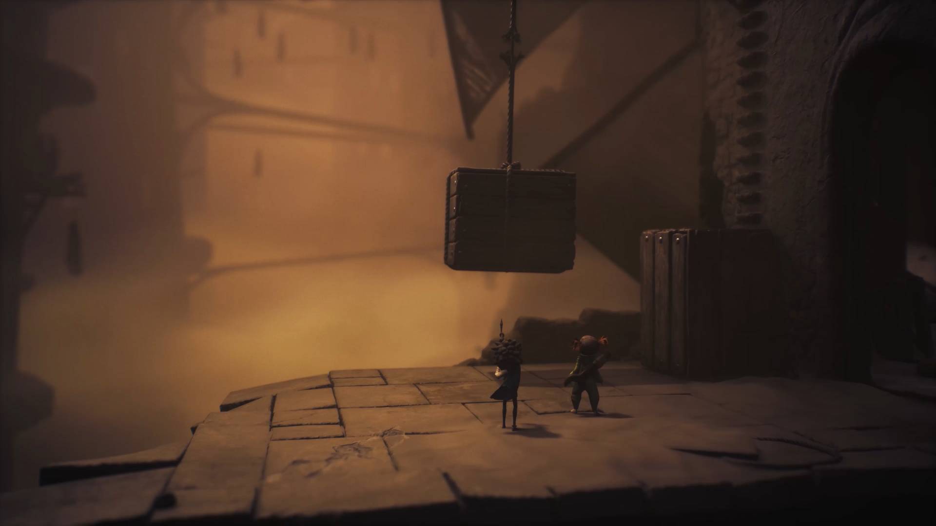 Little Nightmares 3 Necropolis demo low aiming bow at a hanging wooden crate required for a puzzle