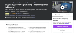 A screenshot of the Udemy website advertising the "Beginning C++ Programming - From Beginner to Beyond" course