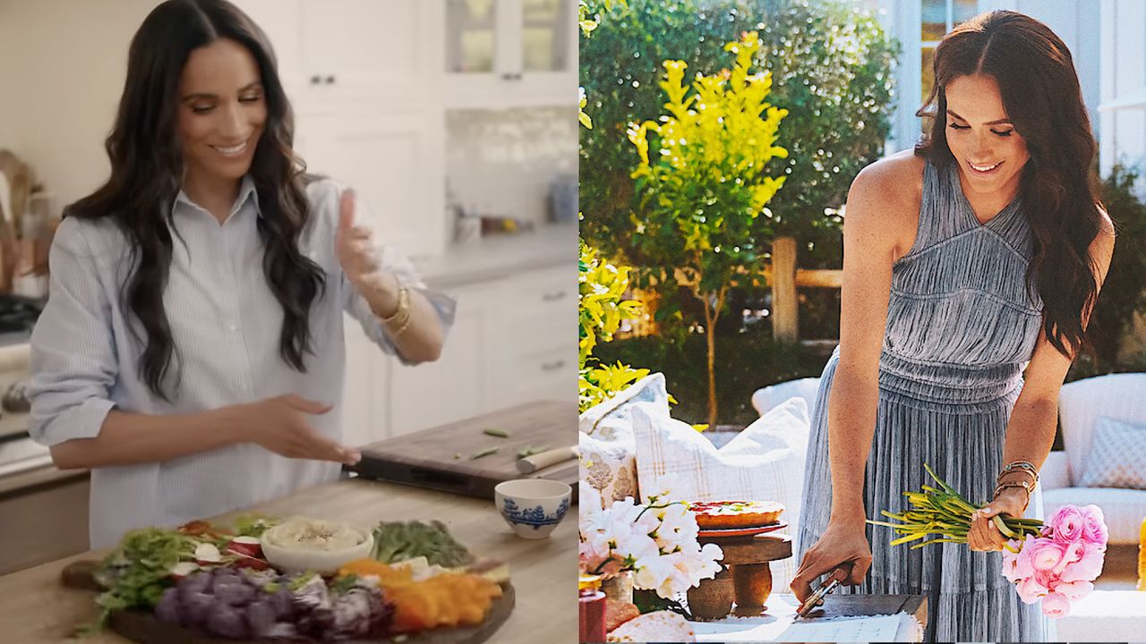 Meghan Markle wearing a blue shirt in the kitchen chopping vegetables and a photo of her wearing a long blue dress holding flowers outside