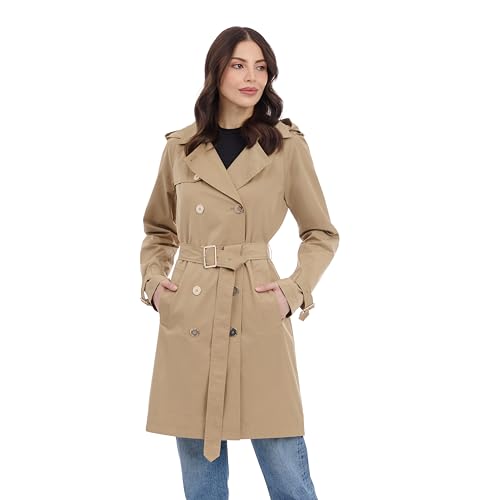 Michael Kors Women's Double Button Trench Coat With Belt and Detachable Hood, Khaki, X-Large