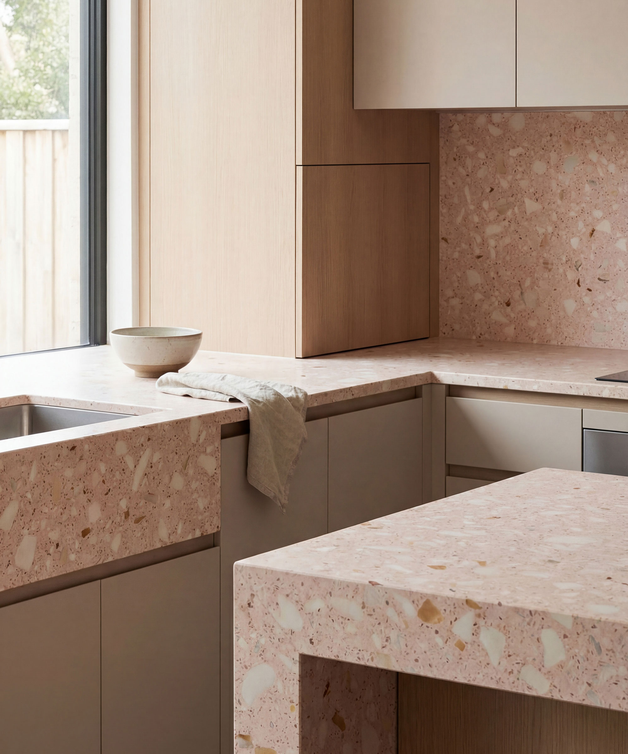 pink and white terrazzo worktop and splashback