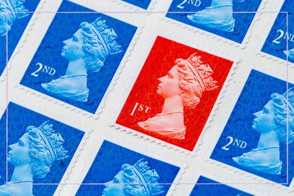 A red first class stamp in the middle of blue second class stamps