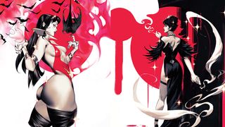Fantasy character art showing female characters in a red and black colour palette