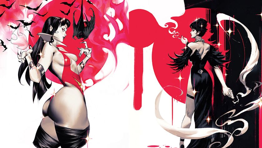 Fantasy character art showing female characters in a red and black colour palette