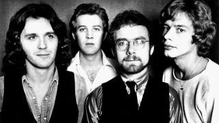 1974: (L-R) Singer John Wetton, David Cross, Robert Fripp and Bill Bruford of the English rock band "King Crimson" pose for a portrait in 1974. This lineup was together from 1972-4 and recorded the "Red" album. (Photo by Michael Ochs Archives/Getty Images)